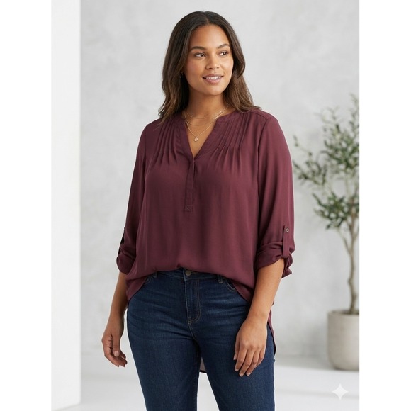 Simply Vera By Vera Wang Tops - Simply Vera Vera Wang Womens Size Small Burgundy Blouse Pleated V-Neck Roll Tab